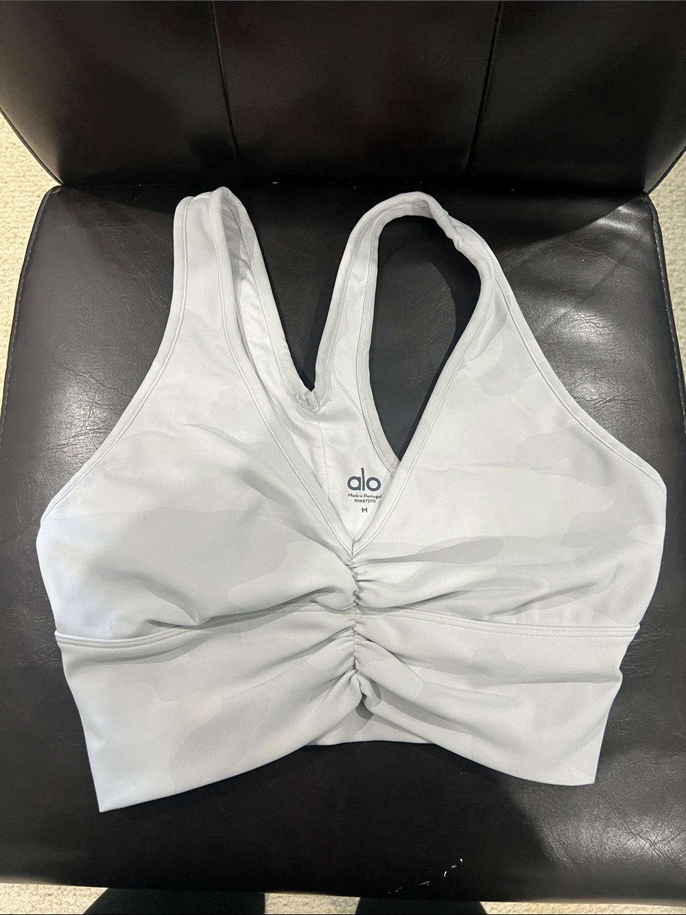 ALO Yoga White Ruched-Front Racerback Sports Bra